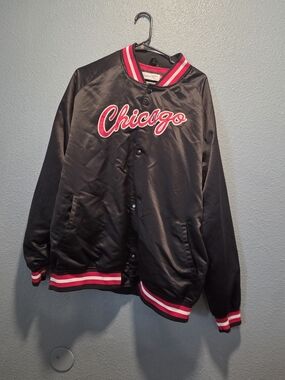 Mitchell & Ness Black and Red Chicago Satin Bomber Jacket